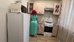 Step mom with a big ass satisfied her son with her anal in the kitchen